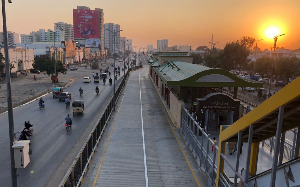 A Green Line Metrobus Station in Karachi with state-of-the-art facilities